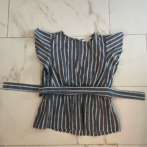 Blue and White Striped Short Sleeve Blouse